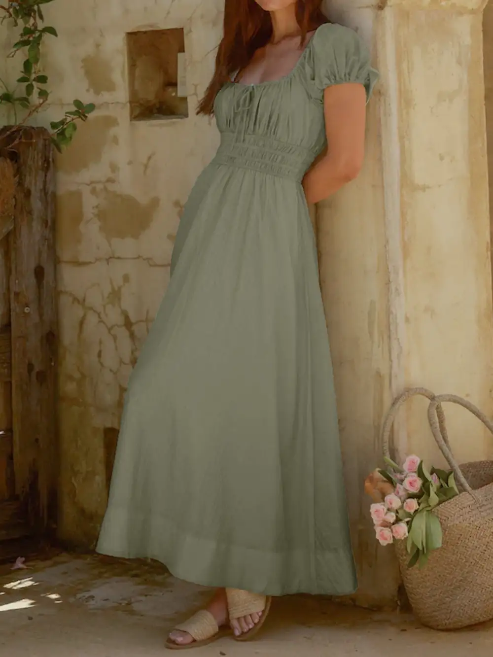 Smocked Puff Sleeve Maxi Dress