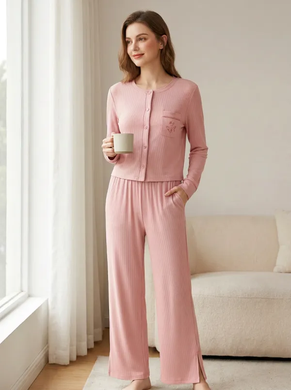 Women's Sage Green Floral Embroidered Ribbed Loungewear Set