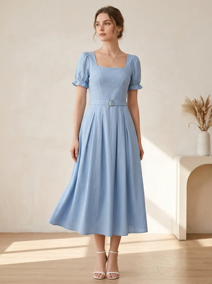 Women's Vintage Square Neck Puff Sleeve Belted Midi Dress