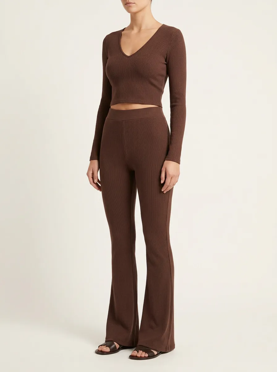 Women's Ribbed V-Neck Crop Top and High-Rise Flare Pant Set