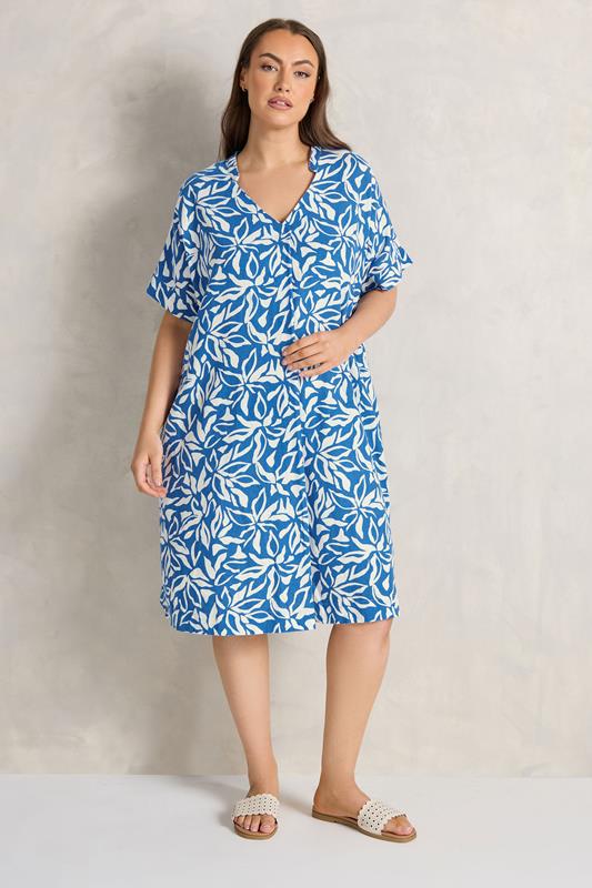 Blue Premium Linen Leaf Print Shift Dress detail 2