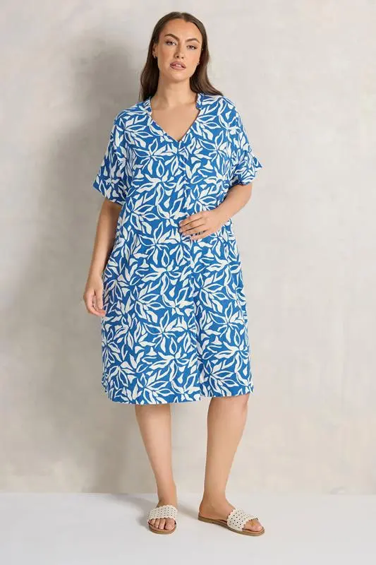 Blue Premium Linen Leaf Print Shift Dress
