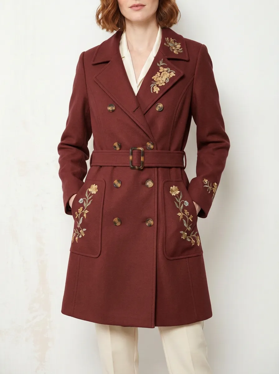 Women's Floral Embroidered Camel Double-Breasted Trench Coat