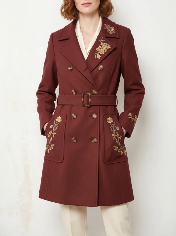 Women's Floral Embroidered Camel Double-Breasted Trench Coat