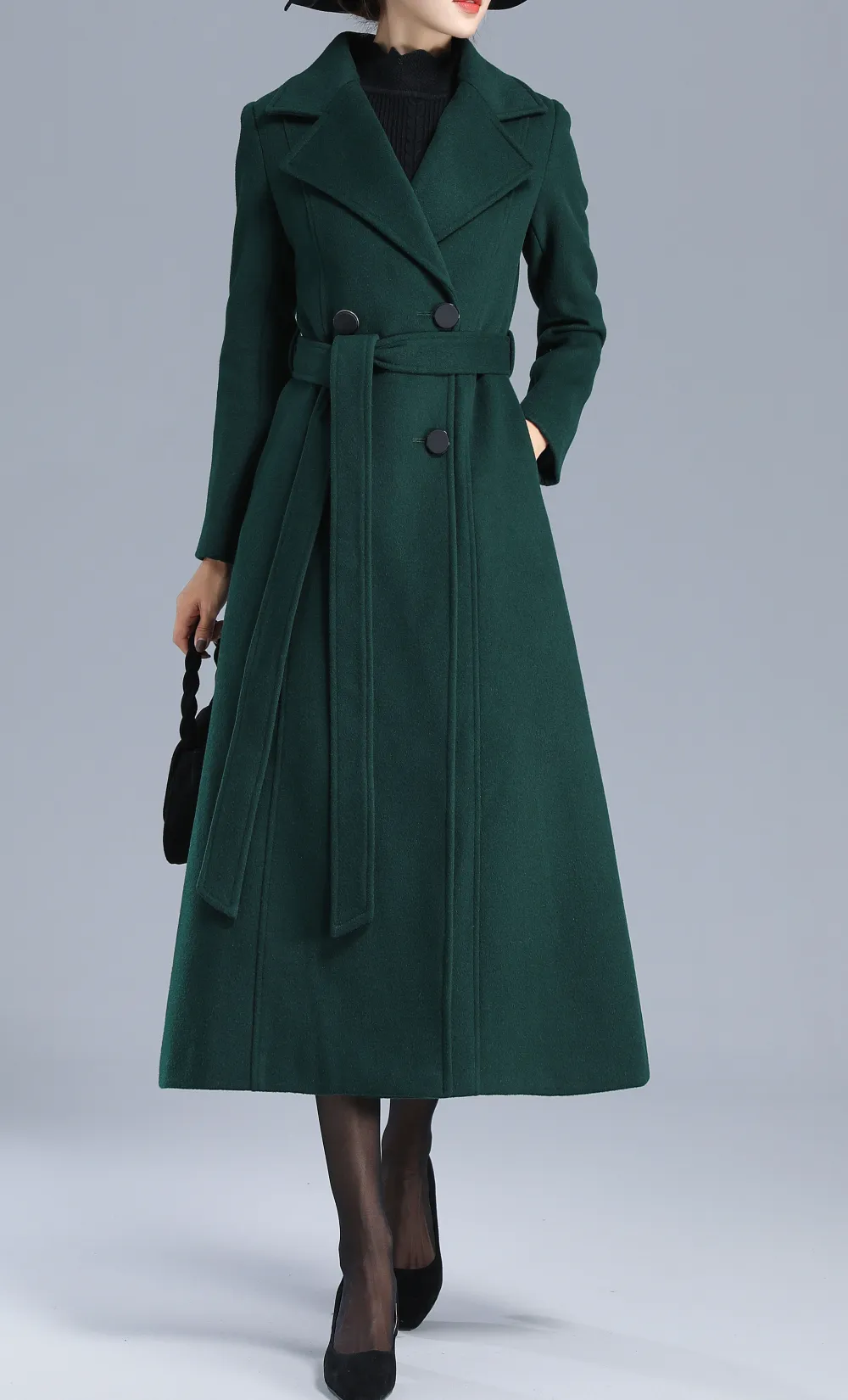 Wool Blend Double Breasted Belted Lapel Collar Coat