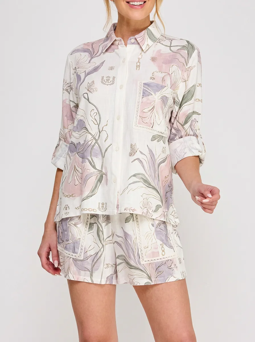 Women's Floral Butterfly Chain Pattern Printed Button-Down Shirt