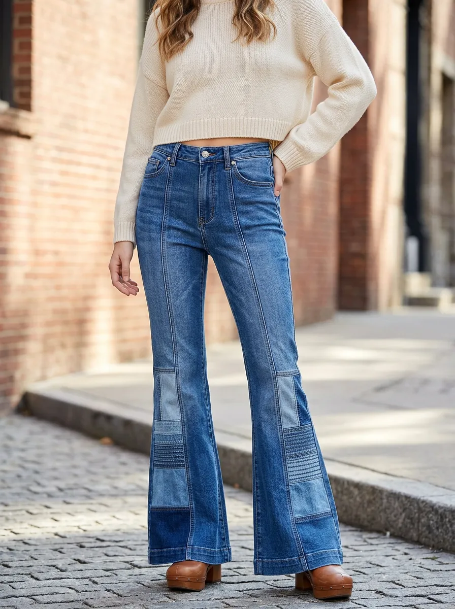 Women's Vintage Style Patchwork Denim Flared Jeans