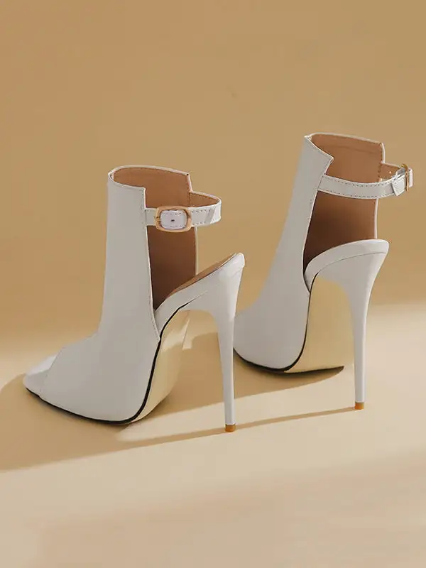 Buckle Peep-Toe Panel Detail Microfiber Heeled Sandals