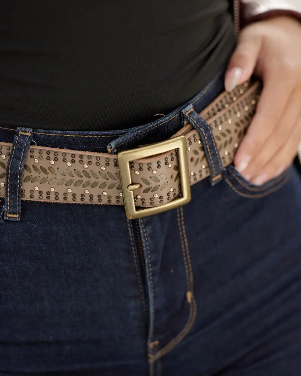 Studded Leather Waist Belt With Square Buckle