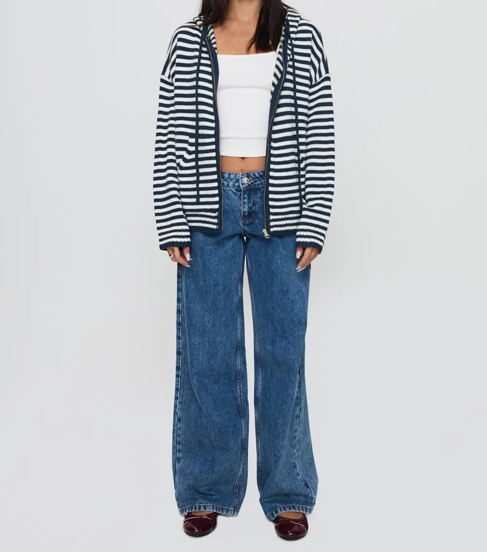 Navy Striped Hooded Zip Jacket
