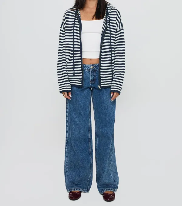 Navy Striped Hooded Zip Jacket