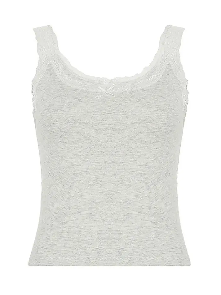 U-Neck Lace-Trim Lace Bow-Detail Tank Top