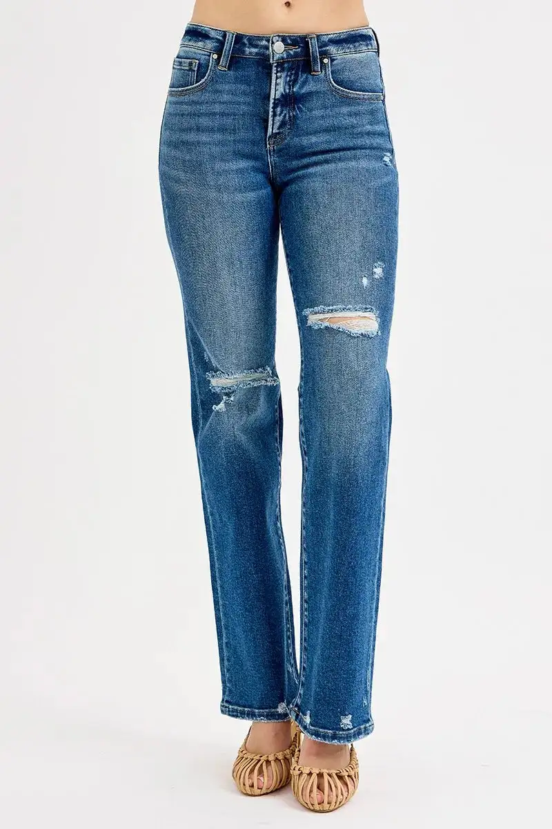 Classic High Waist Straight Leg Distressed Denim Jeans