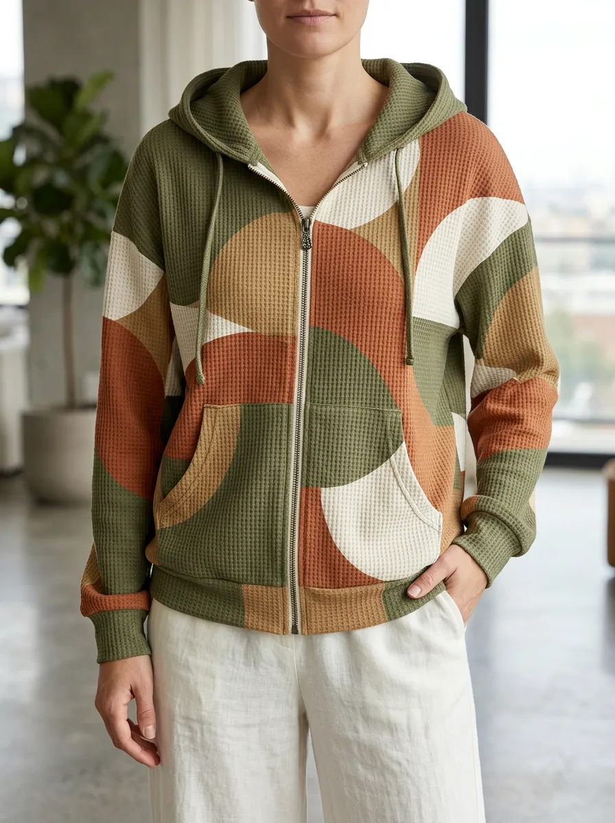 Women's Geometric Abstract Print Waffle Knit Zip-Up Hoodie