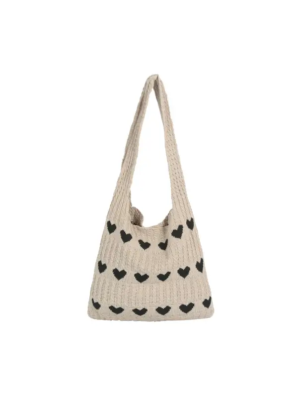Heart Pattern Knit Shoulder Bag