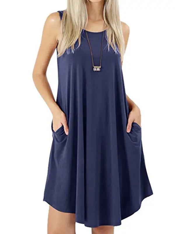 Relaxed Pocket Sleeveless Solid Color Spaghetti Neck Mini Dress