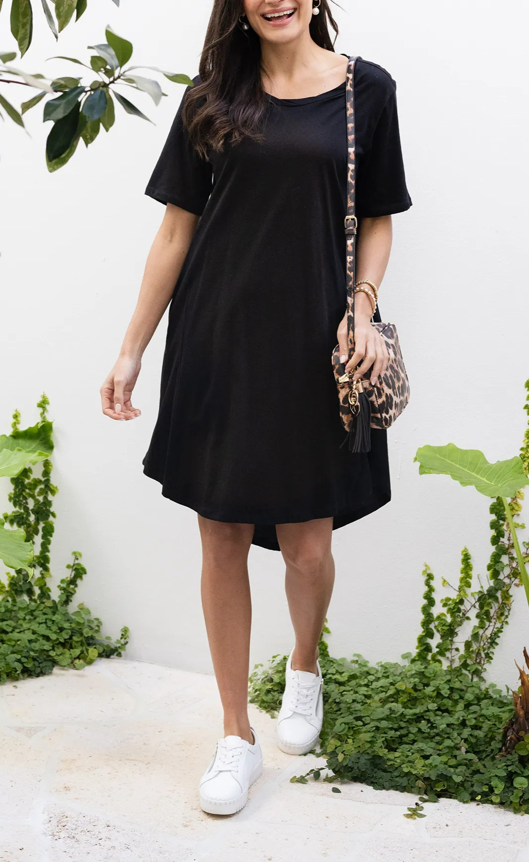 Cotton Pocket Round-Neck Short-Sleeve Draped High-Low-Hem Above-Knee T-Shirt Dress