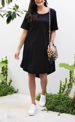 Cotton Pocket Round-Neck Short-Sleeve Draped High-Low-Hem Above-Knee T-Shirt Dress