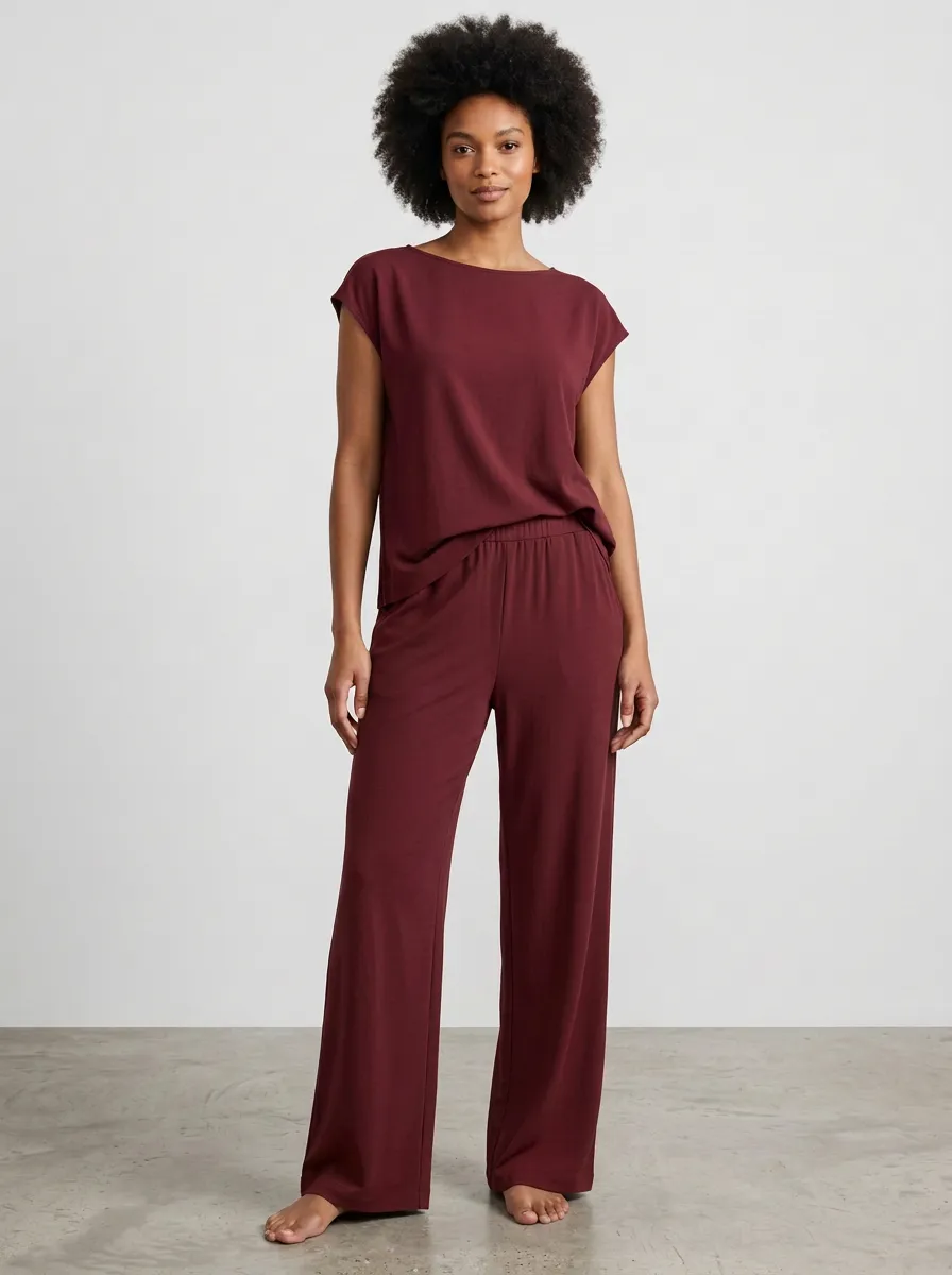 Women's Boat-Neck Top And Pull-On Wide-Leg Trouser Lounge Set