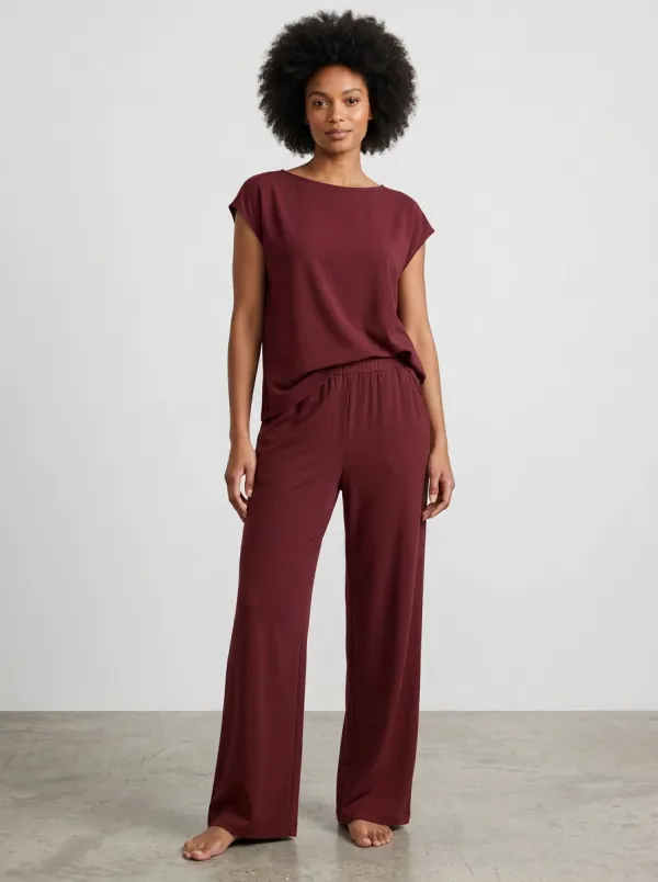 Women's Boat-Neck Top And Pull-On Wide-Leg Trouser Lounge Set