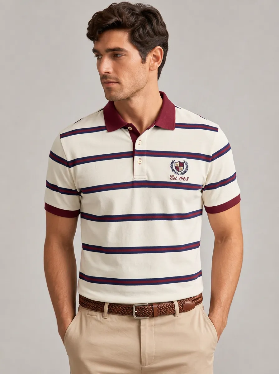 Men's Equestrian Lover Crest Striped Printed Striped Crest Polo Shirt