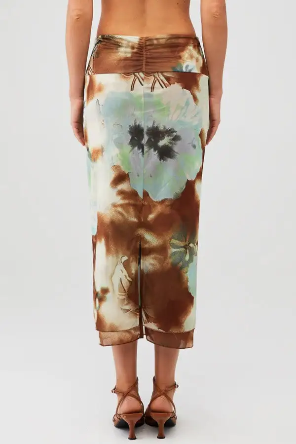 Brown Tie-Dye Floral Midi Slip Skirt