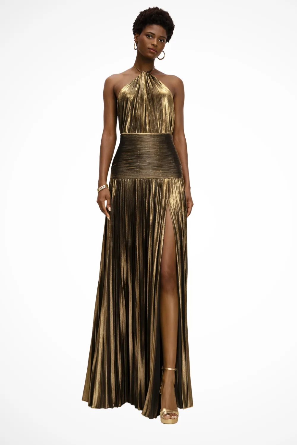  Halter Neck Pleated Satin Maxi Dress