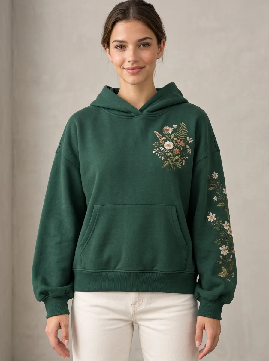 Women's Botanical Floral Graphic Sleeve Nature Inspired Relaxed Daily Hoodie