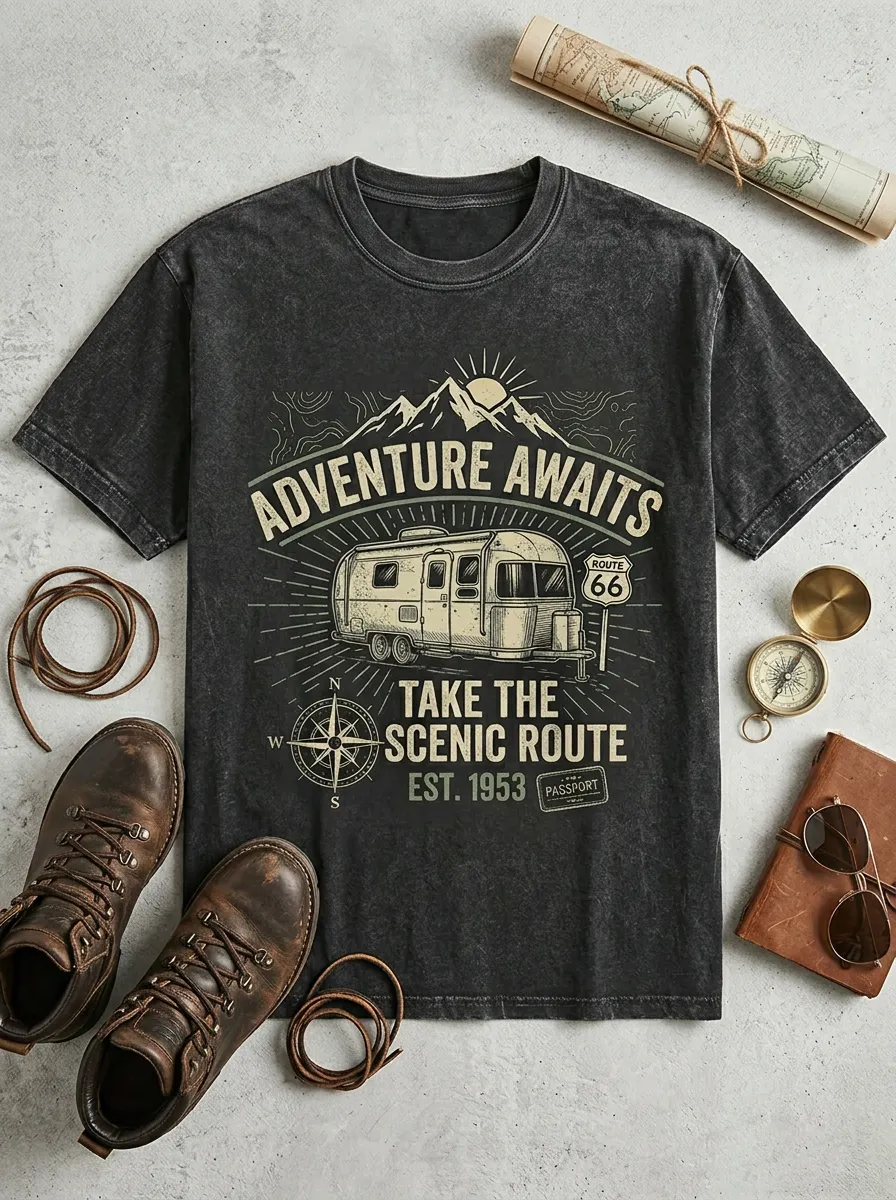 Unisex Adventure Camper Route 66 Mountain Compass Printed T-shirt