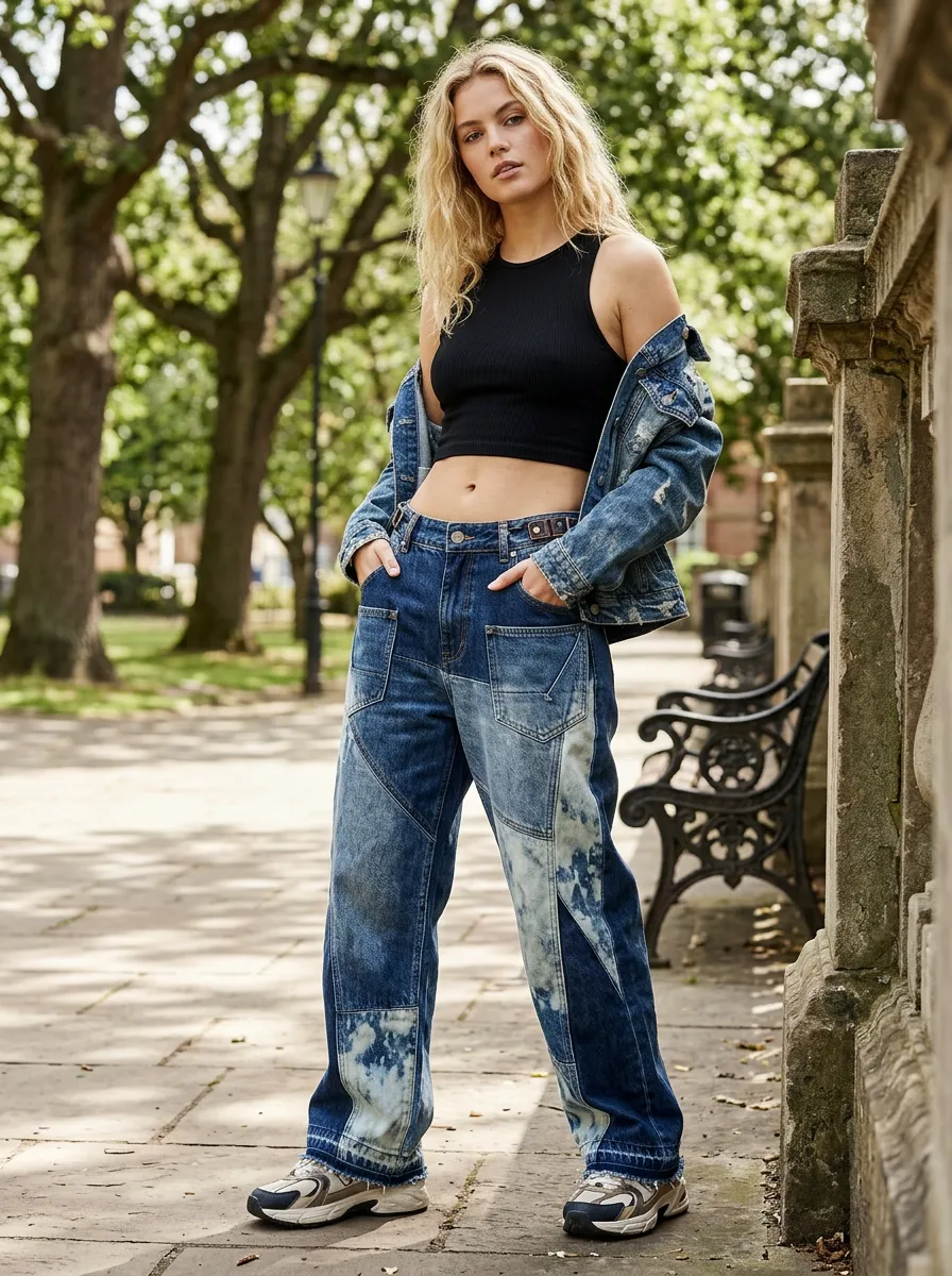 Women's Streetwear Patchwork Bleached Denim Wide Leg Jeans