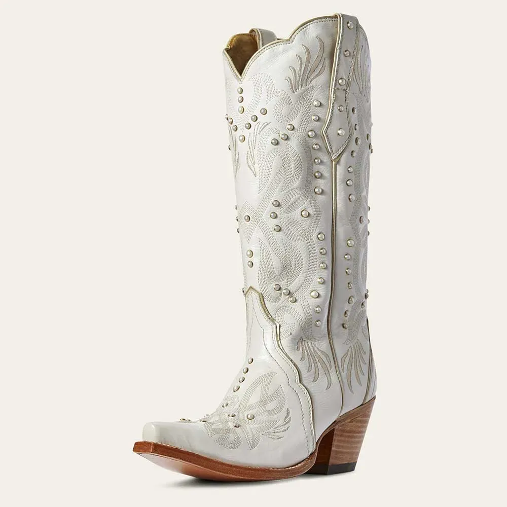 Faux-Leather Embroidered Snip-Toe Chunky-Heel Mid-Calf Boots