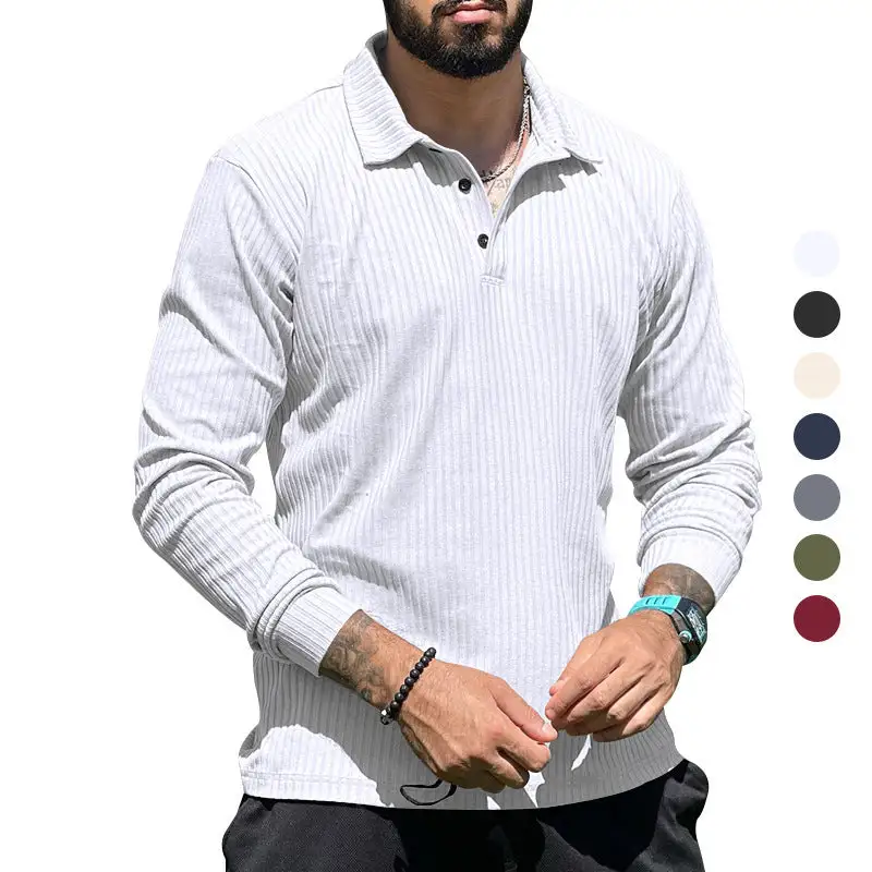 Streamlined Ribbed Button Placket Long Sleeve Fine Knit Polo Shirt