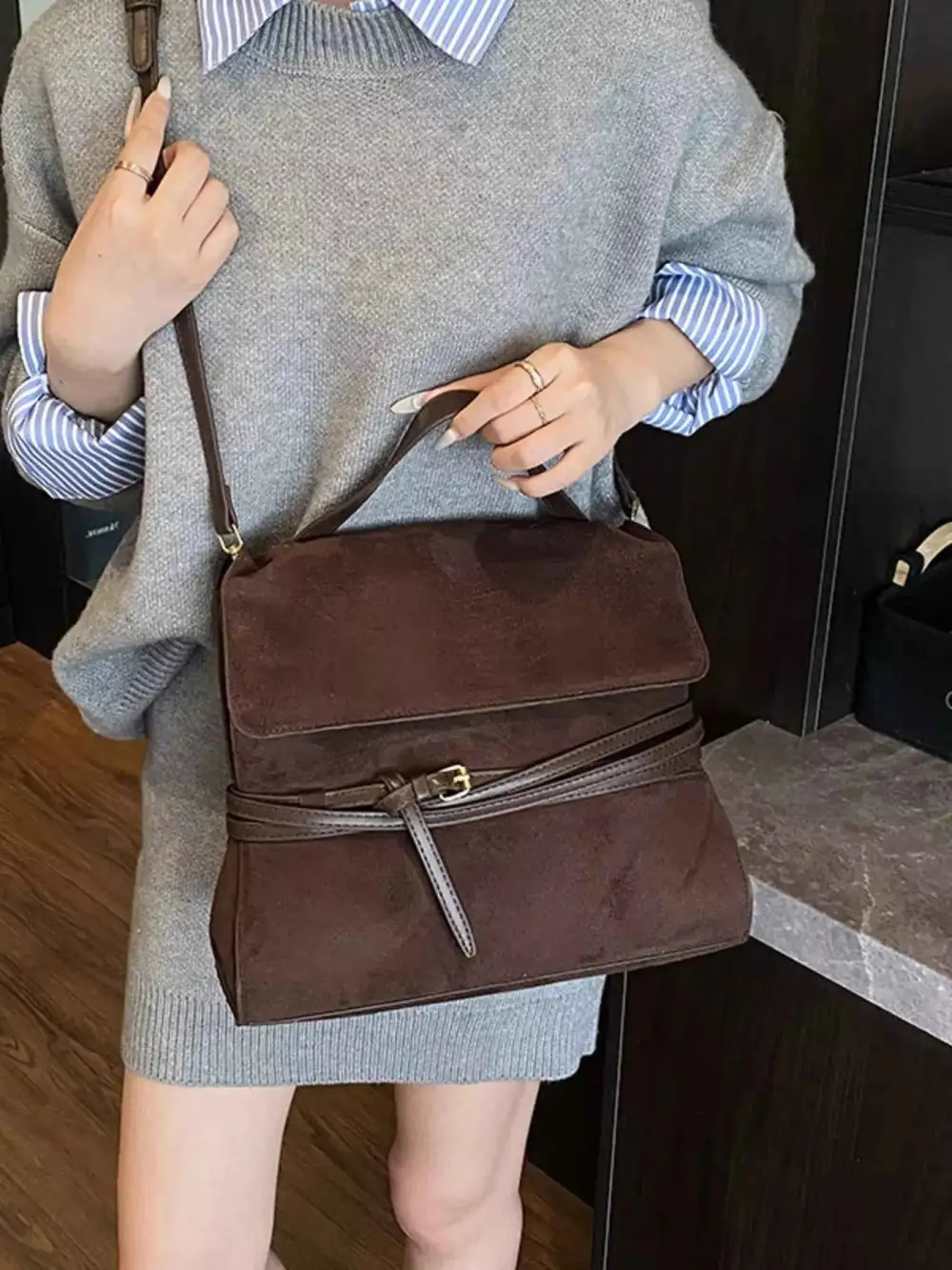 Suede Leather Belt Backpack Bag