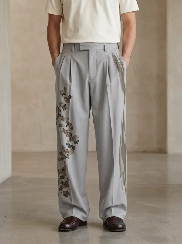 Men's Japanese Floral Ink Wash Printed Wide Leg Trousers