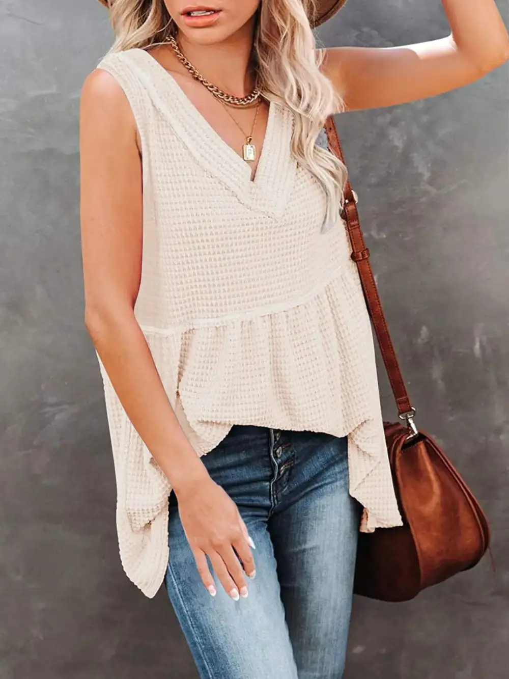 V-Neck Waffle Knit Tank Top With Contrast Stitching