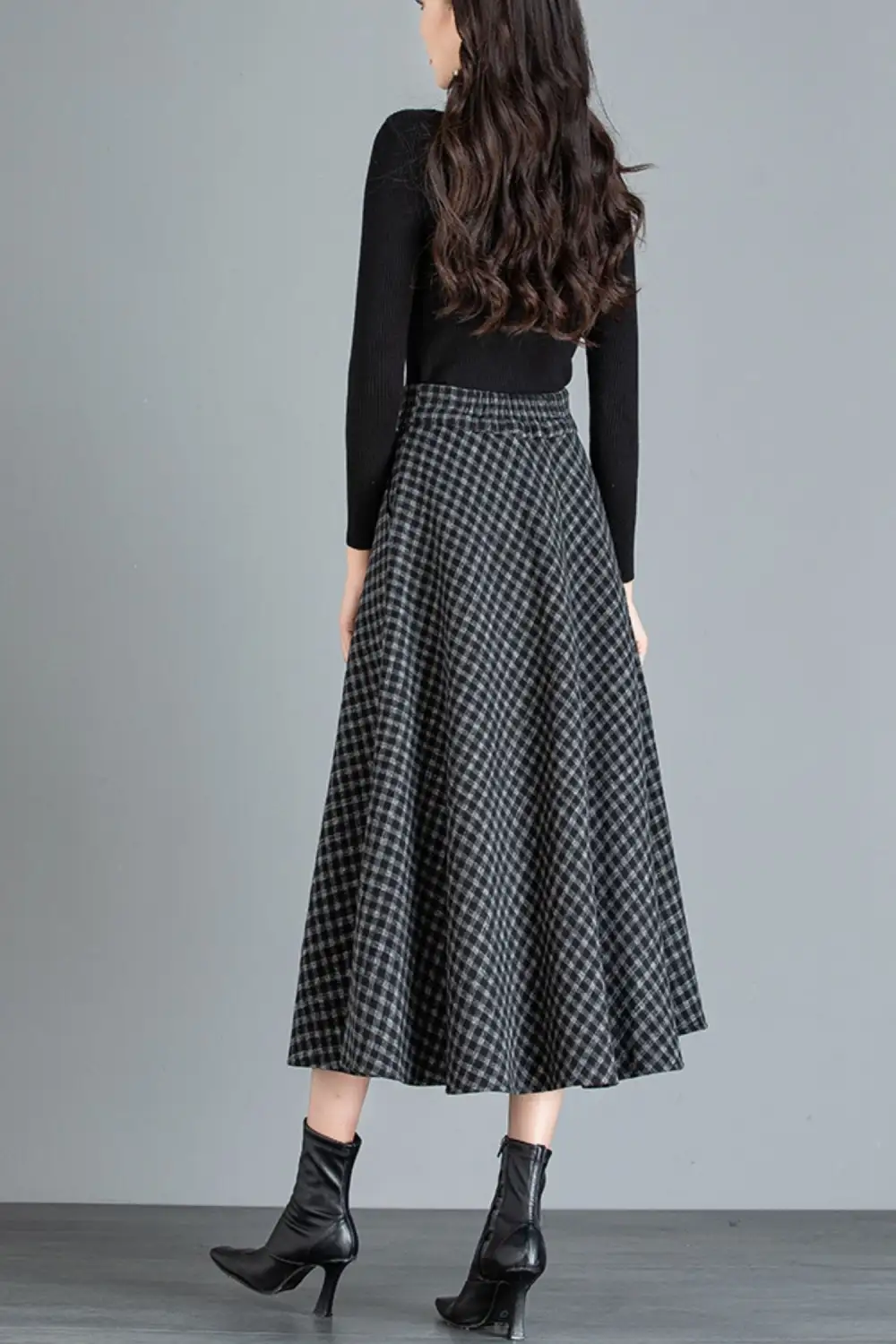 Checkered Wool Blend A Line High Waist Midi Skirt
