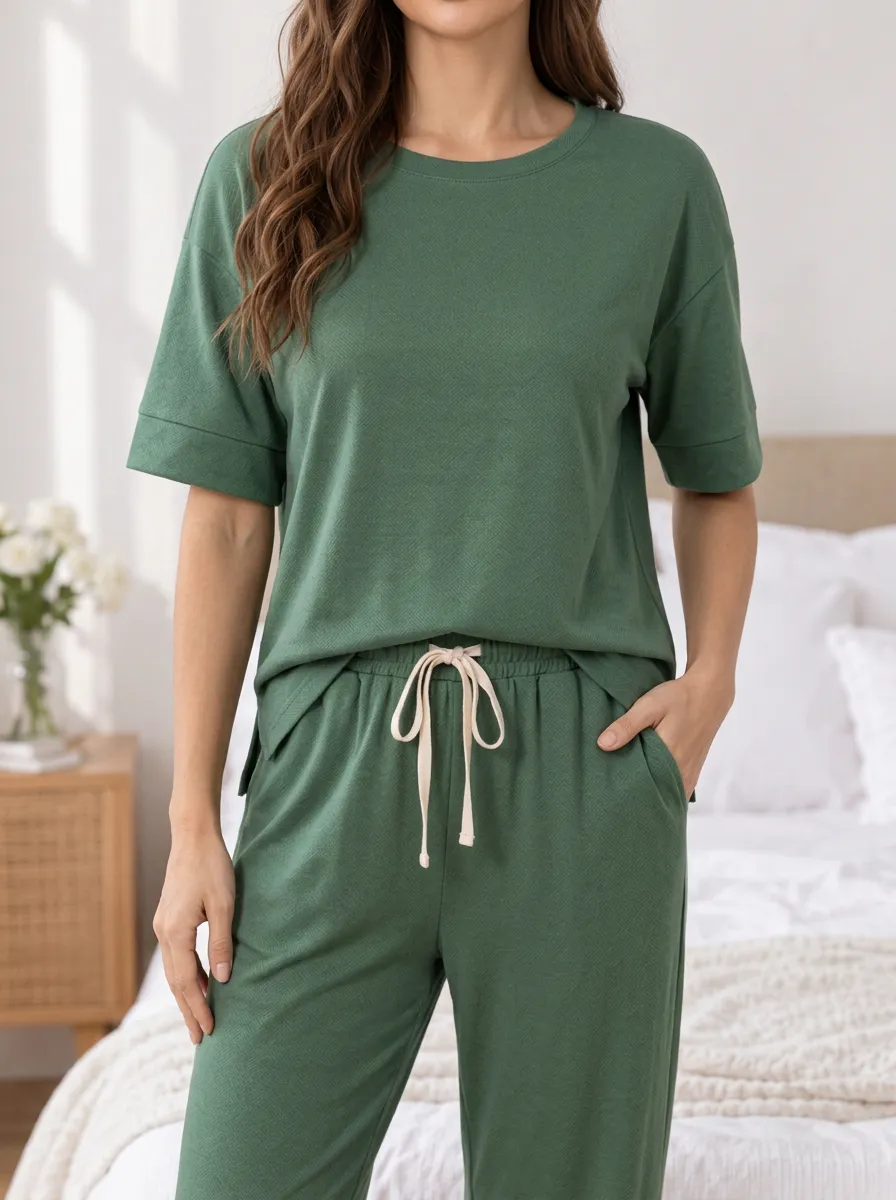 Women's Herringbone Crewneck Short Sleeve Drawstring Pajama Set