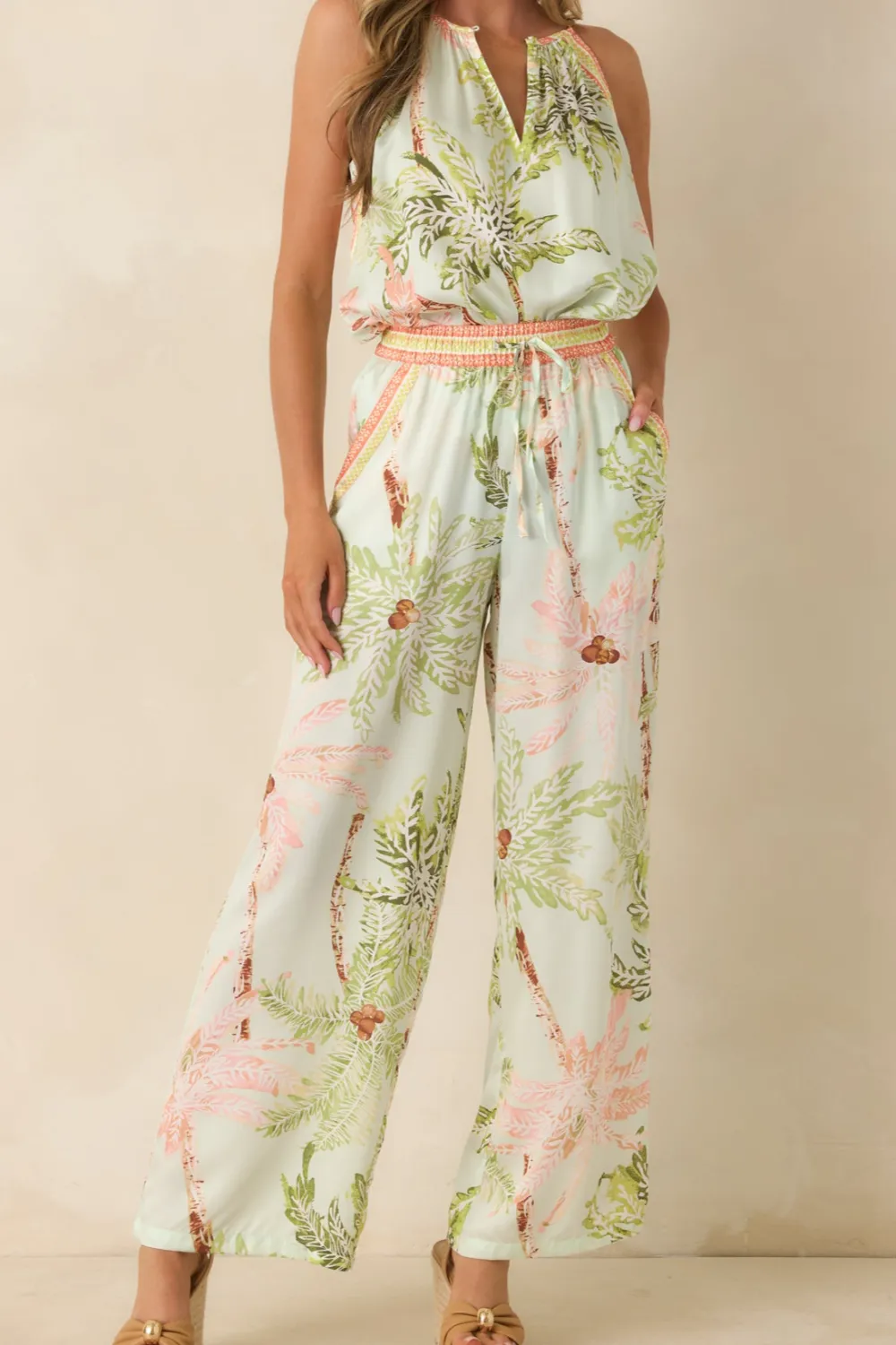 Seafoam Palm Print Drawstring Pants