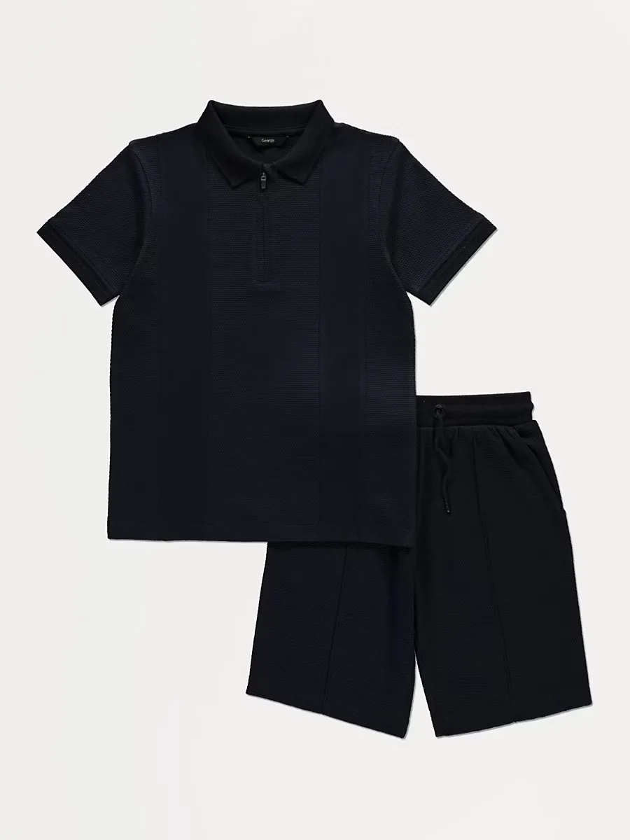 Navy Textured Polo and Shorts Set