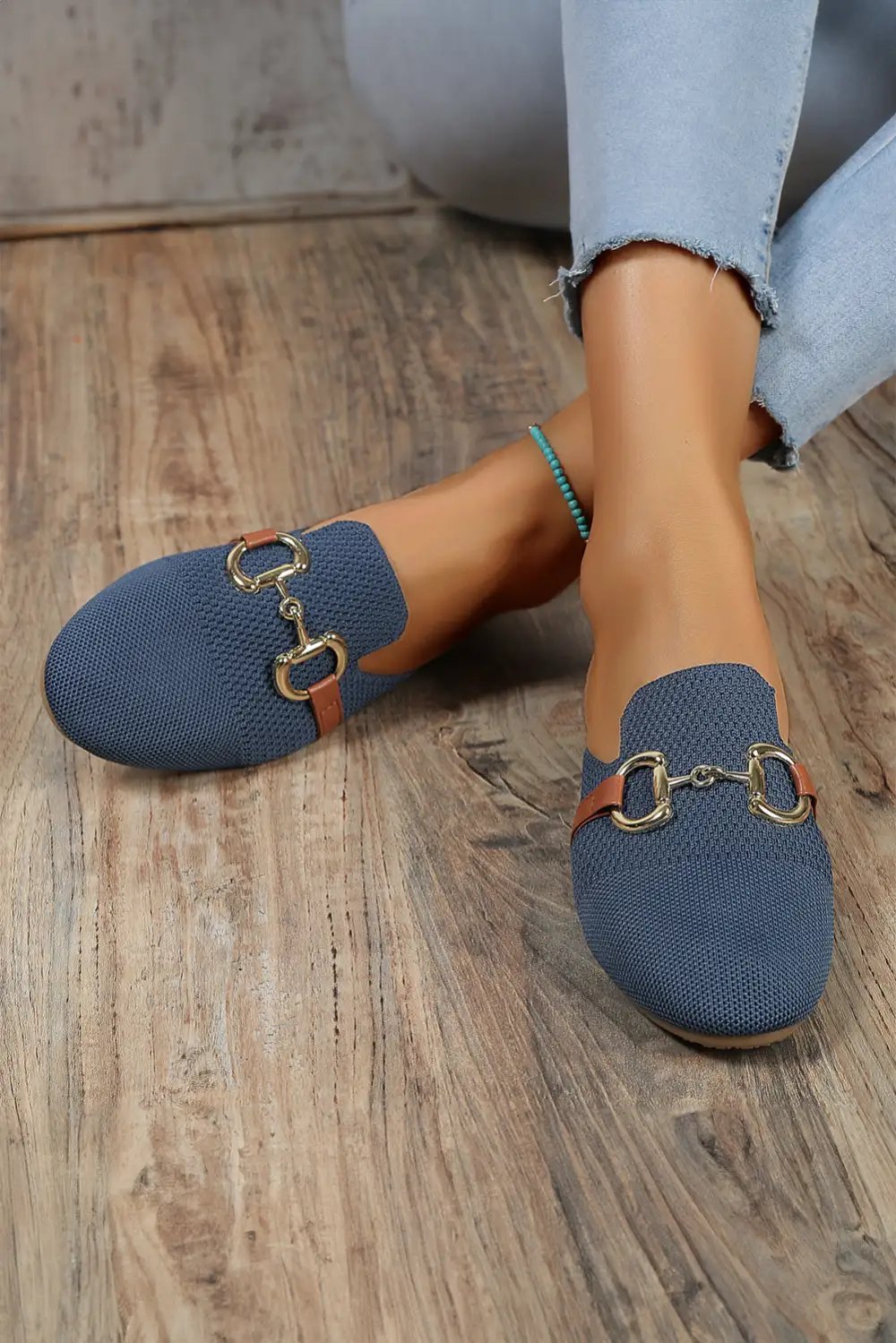 Sky Leather Strap Buckle Decor Slip On Flats