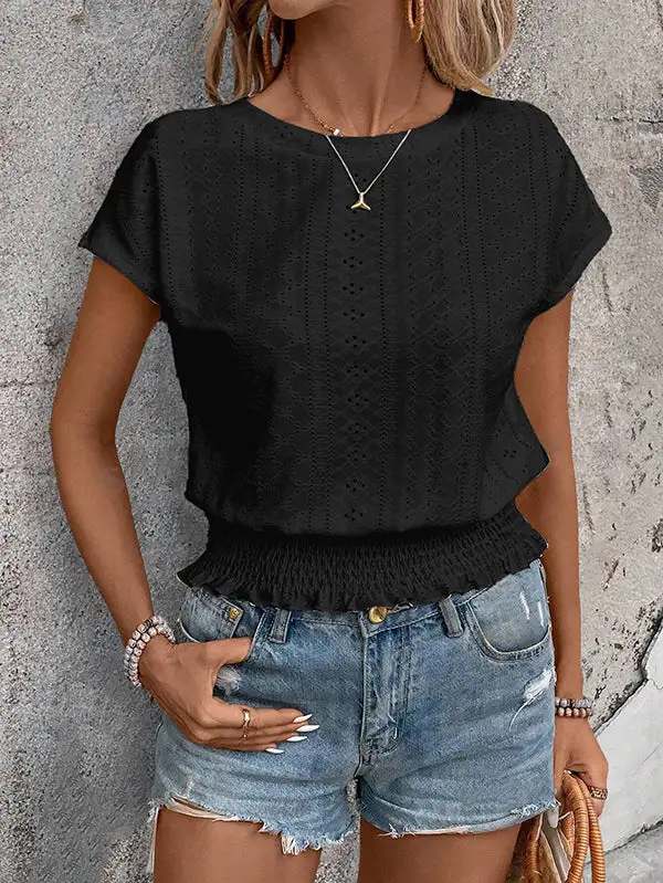 Relaxed Short Sleeve Elasticity Cutout Jacquard Round Neck T-Shirt