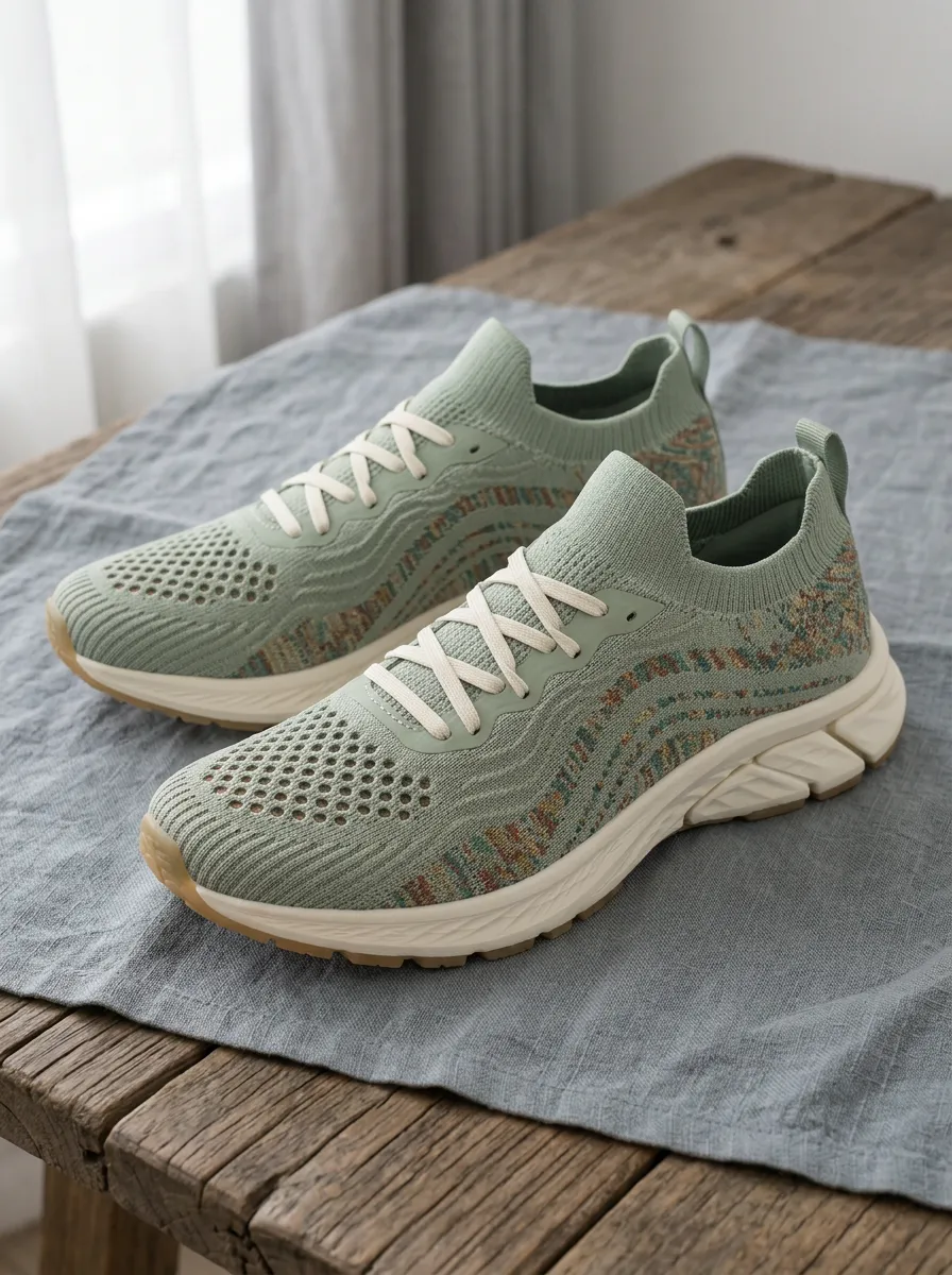 Women's Casual Sage Green Knit Patterned Printed Sneakers