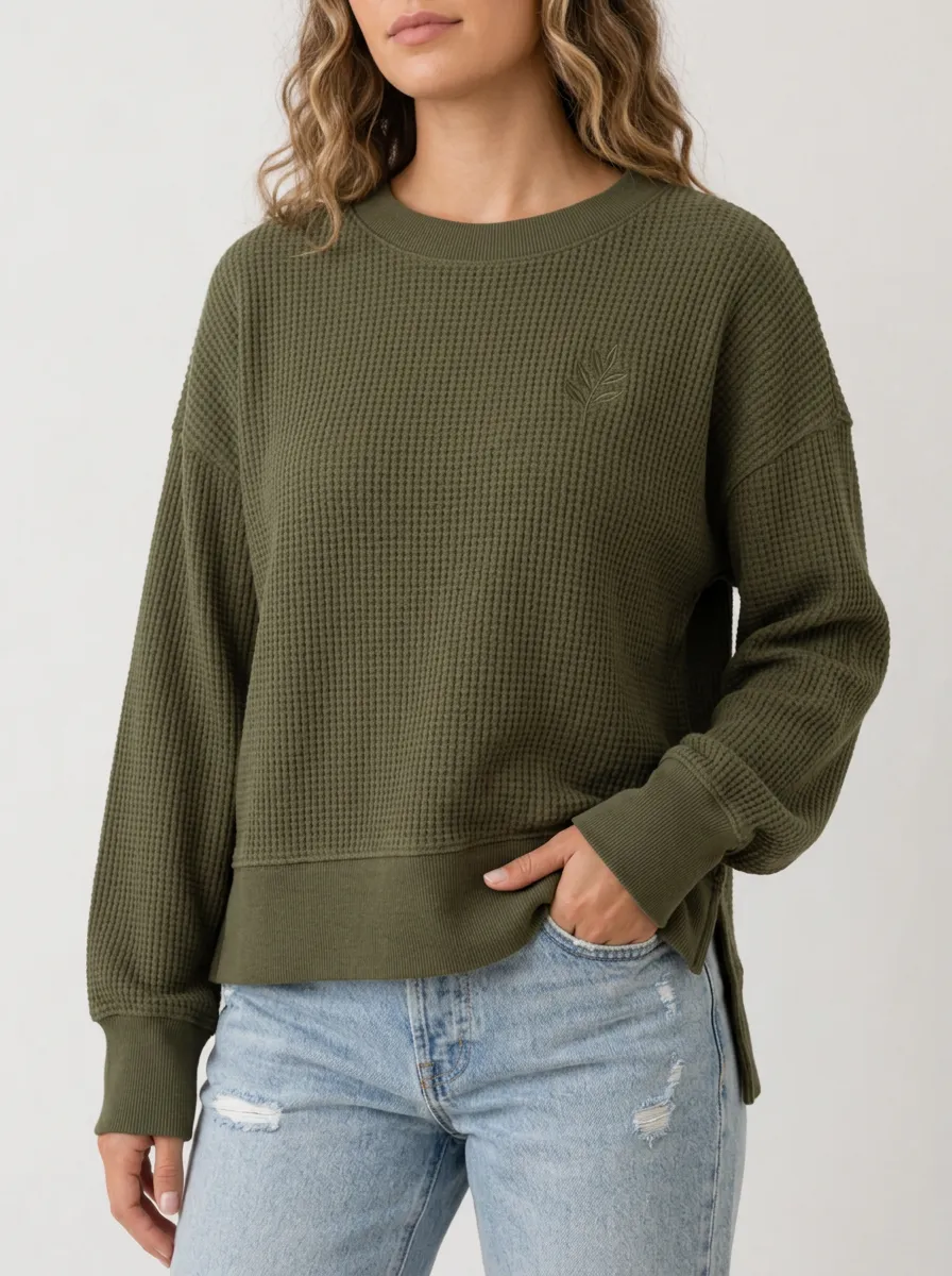 Modern Weekend Waffle Knit Leaf Embroidered Long Sleeve Top