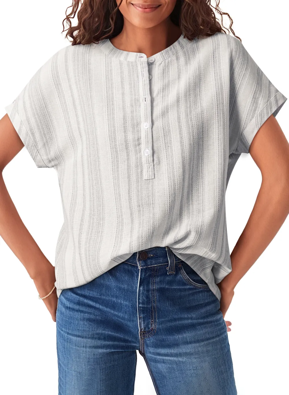 Gray Breathable Gauze Half Button Blouse