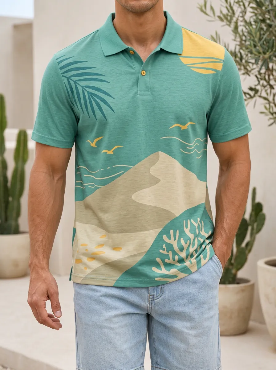 Men's Tropical Beach Landscape Palm Tree Printed Polo Shirt