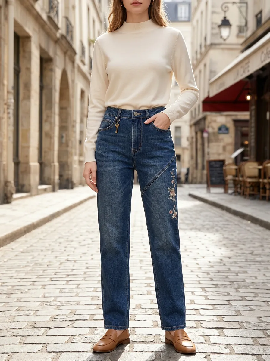 Women's Floral Embroidery High Waisted Printed Jeans