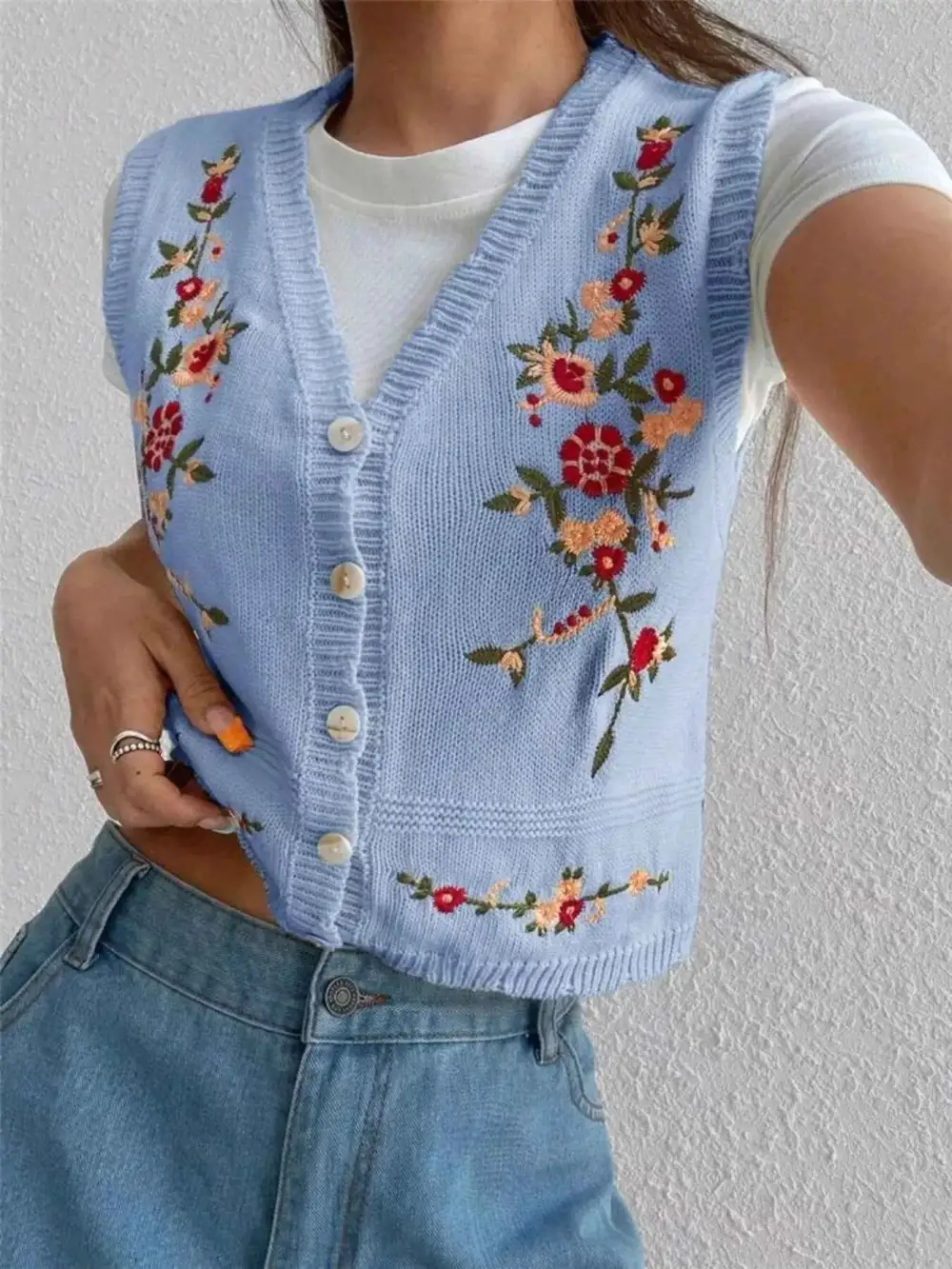 Embroidered Button-Up Sweater Vest