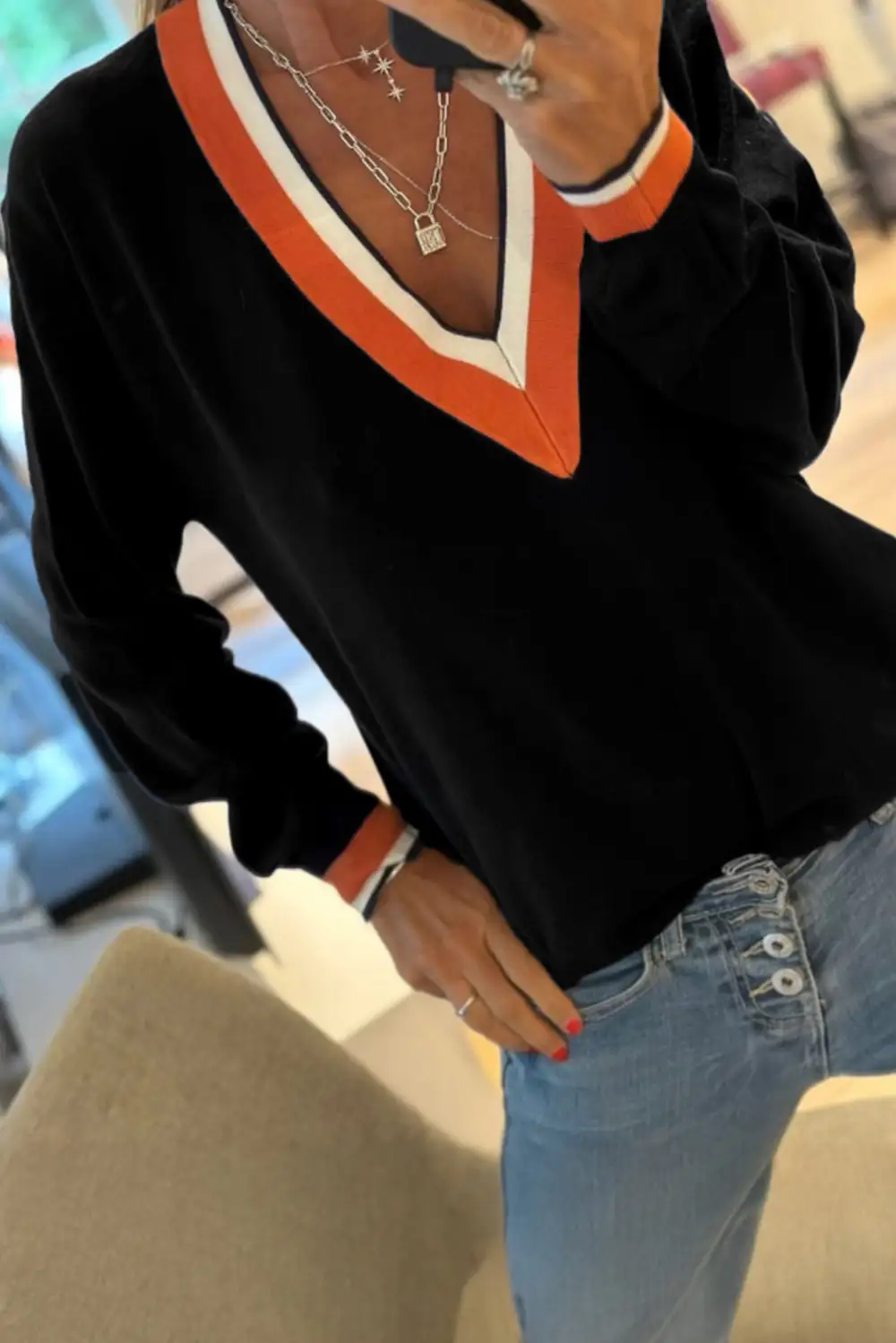Striped Knit V Neck Sweater