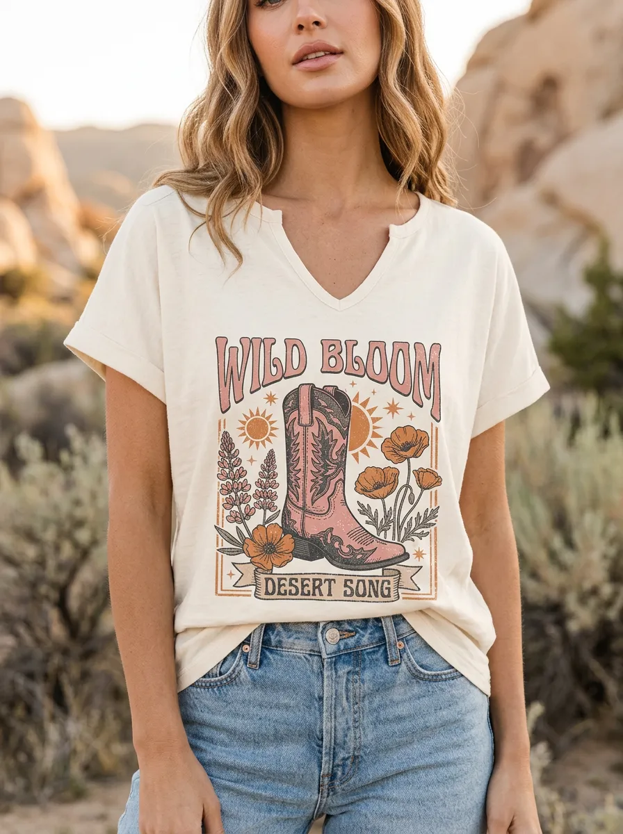 Cowboy-Boot Floral Desert Women's V-Neck T-Shirt