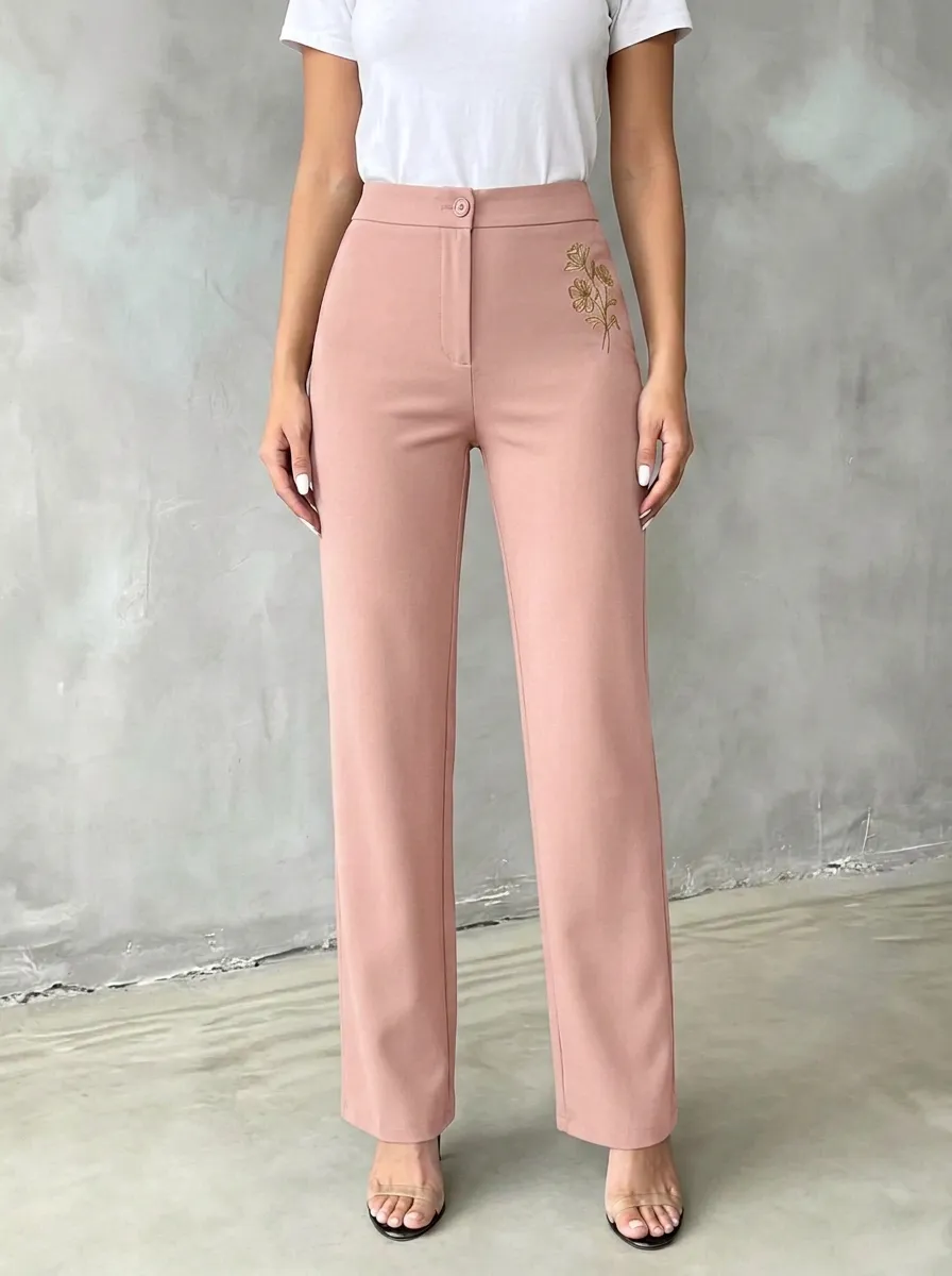Women's Contemporary Flexible Floral Embroidered Mid Rise Straight Leg Pants